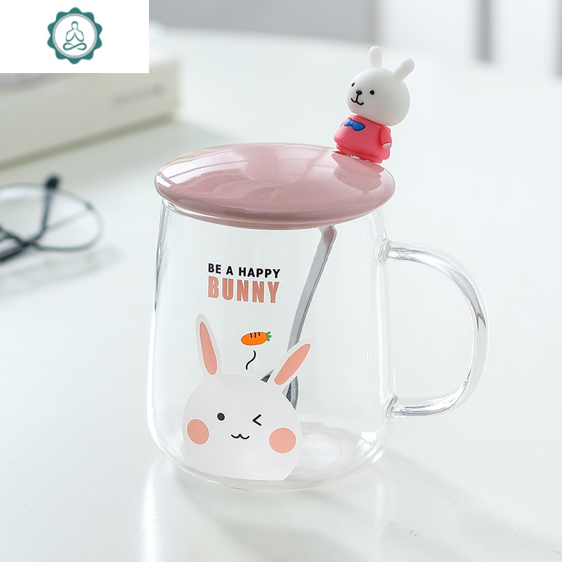 ins卡通马克杯可爱杯子透明带盖勺把手玻璃杯家用水杯耐热茶杯 封后 兔子+杯垫(安全包装)