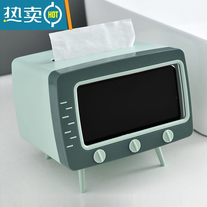 敬平ins同款可爱电视机纸巾盒免打孔抽纸盒手机支架收纳盒桌面摆件 绿色-图片