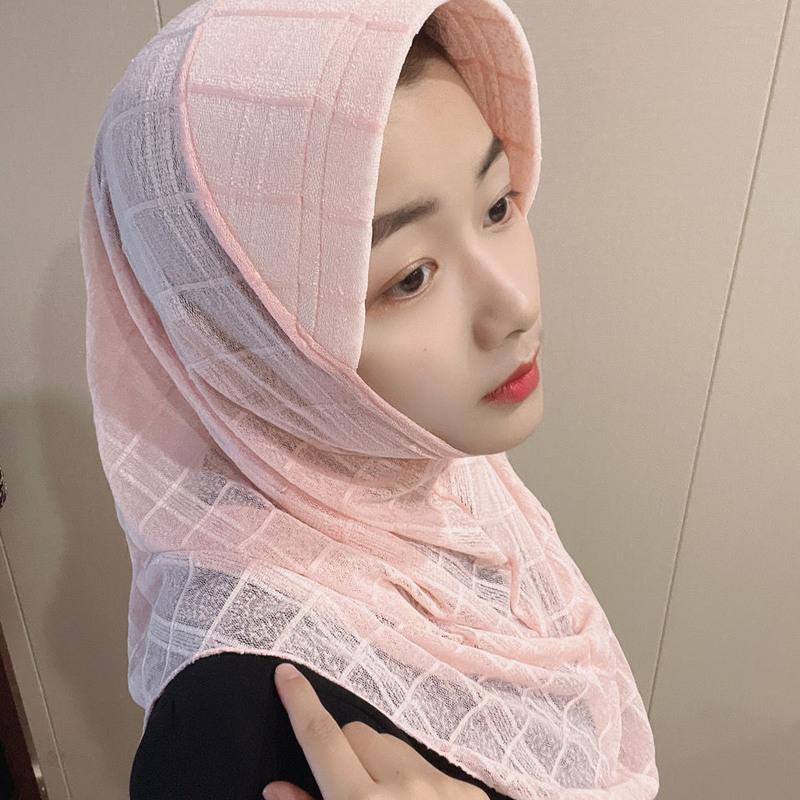 穆斯林方便套头夏季新款盖头回族透气时尚头巾妈妈款纯色网纱头巾 1