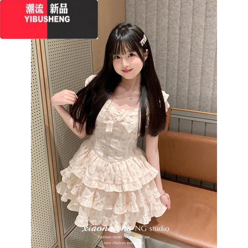 YIBUSHENG法式甜美小飞袖碎花连衣裙女季小个子蝴蝶结收腰在逃公主蓬蓬裙