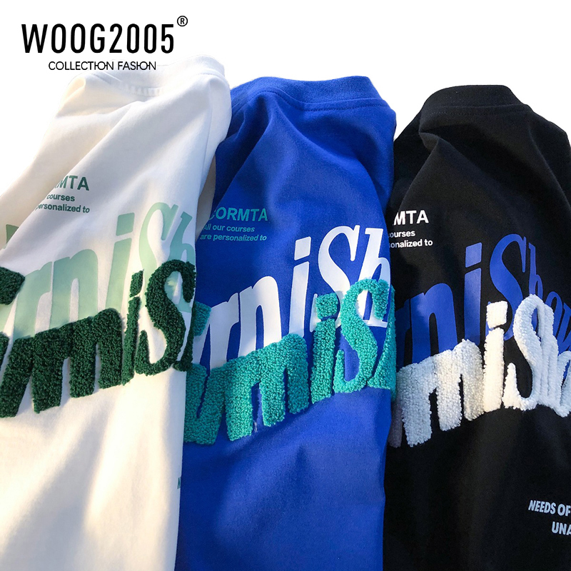 WOOG2005克莱因蓝重磅t恤男设计感小众刺绣情侣短袖2022款情侣装