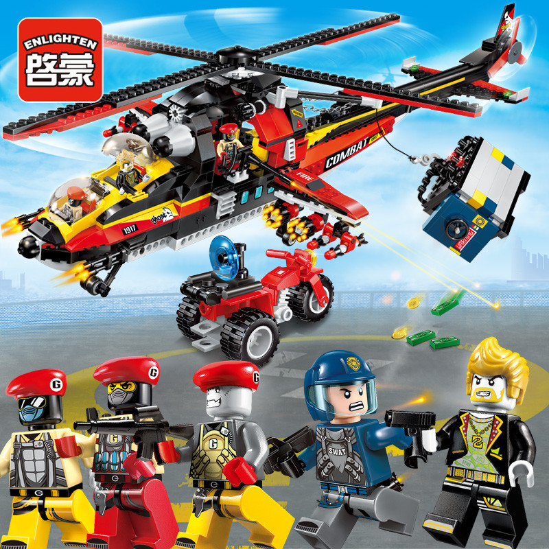 启蒙拼装积木1909特警力量警察警车系列儿童拼装积木玩具 巡警出击