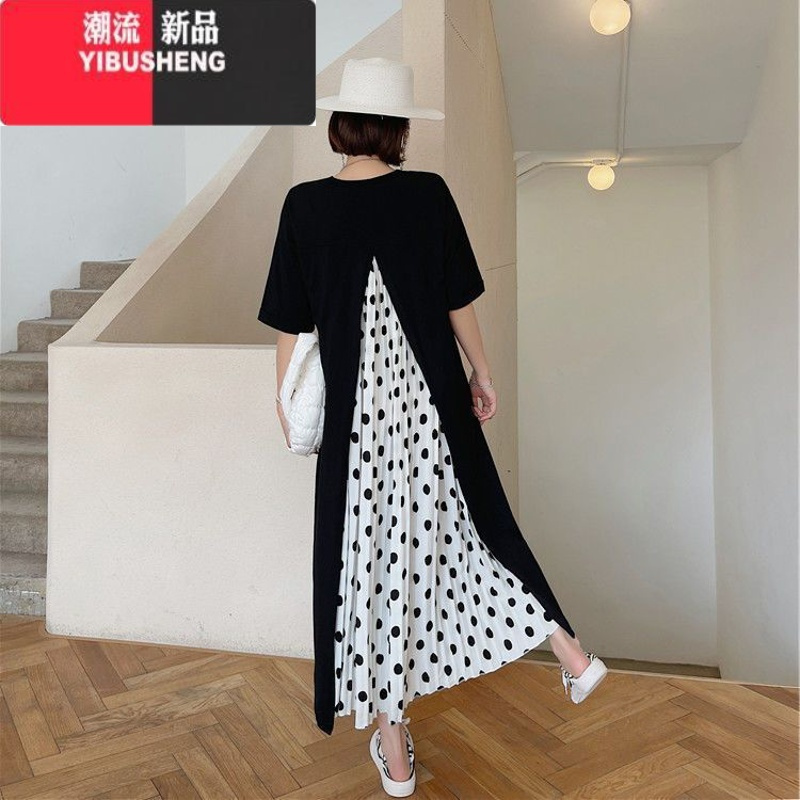 YIBUSHENG特大码2-300斤胖MM拼接波点T恤裙女季宽松遮肚显瘦孕妇连衣裙潮