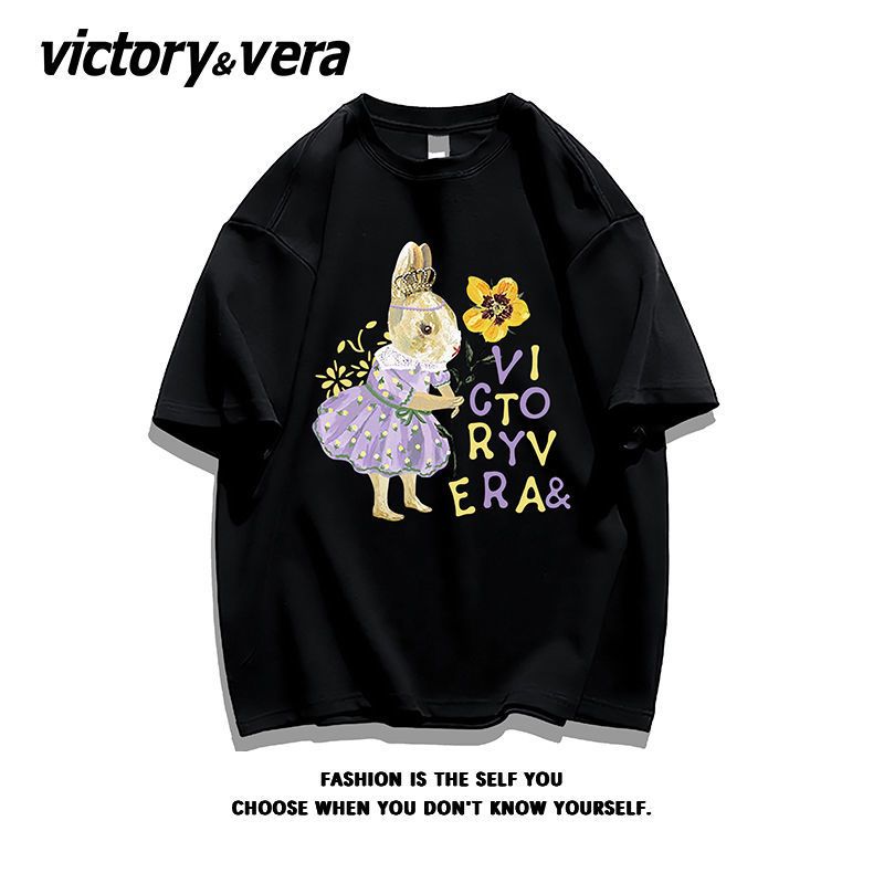 VICTORYVERA温柔风盐系短袖T恤女2022新款夏季学生宽松印花上衣服