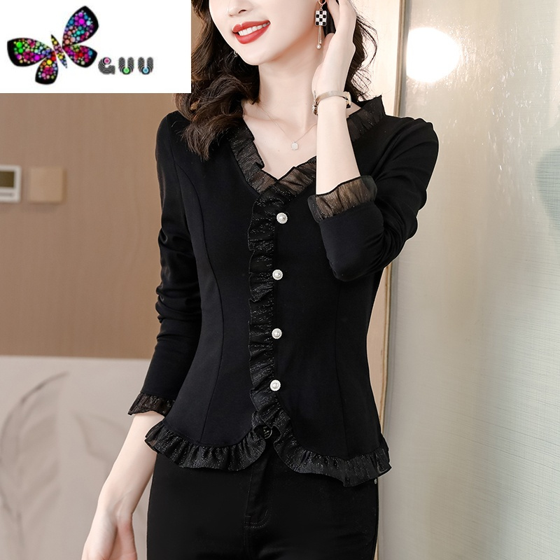 语娄黑色时尚蕾丝v领打底衫女2023新款女士洋气秋装内搭长袖上衣