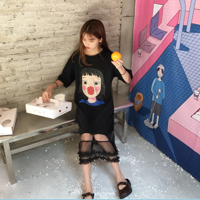 春夏女装韩版中长款假两件网纱拼接卡通短袖T恤连衣裙显瘦长裙白色均码