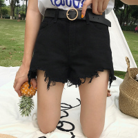 不规则流苏边牛仔阔腿裤女装韩版夏季学生百搭高腰短裤牛仔裤热裤