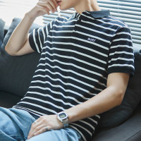 [1.5折价48元]唐狮男士polo衫短袖男polo前胸绣花条纹小翻领短袖polo衫