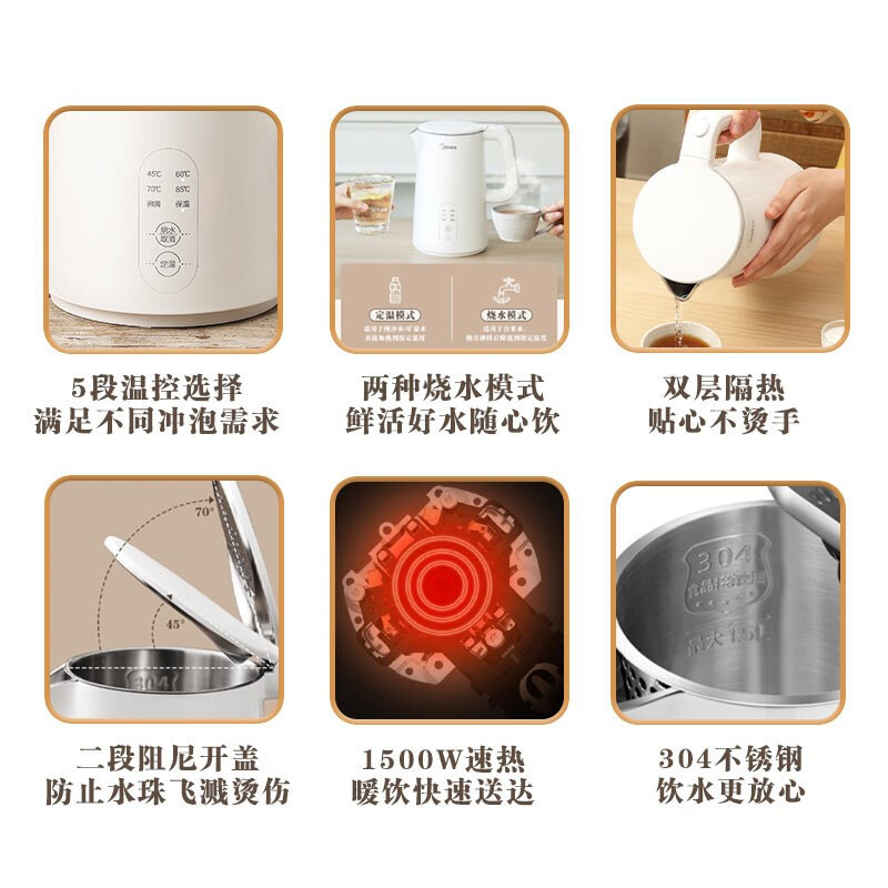 美的(Midea)电水壶热水壶烧水壶开水壶304不锈钢1.5L侧显温度智能断电SH15X301