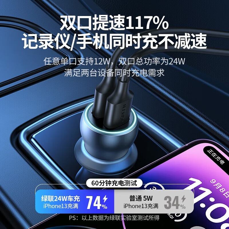 绿联车载充电器汽车点烟器一拖二双口USB快充车充头电源转换器扩展口 总24W 深空灰CD130(10500)高清大图