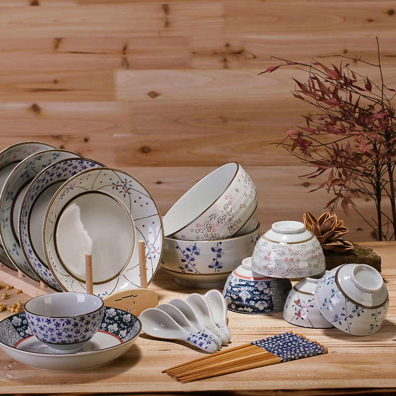 彩帮景德镇釉下彩陶瓷日式餐具套装结婚乔迁送礼品碗碟套装盘7寸高脚