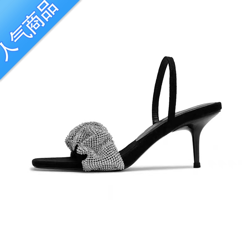 SUNTEK杨幂明星同款凉鞋aw大王高跟鞋细跟水钻一字带方头2023夏新款外穿高清大图