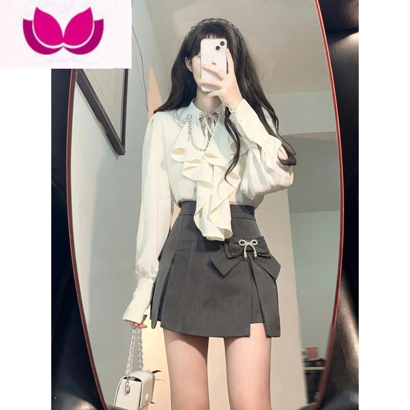七斓早春季气质高级感轻熟风御姐港味设计感小众衬衫半身裙套装女