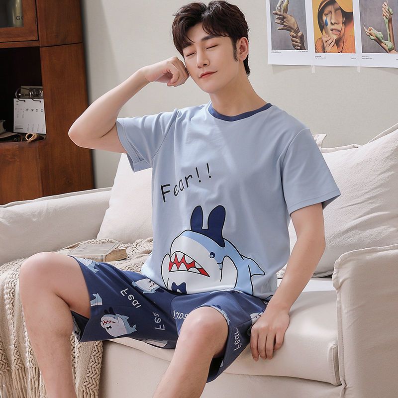 睡衣男夏季棉质短袖可爱卡通学生青少年男童初中生薄款家居服套装衫