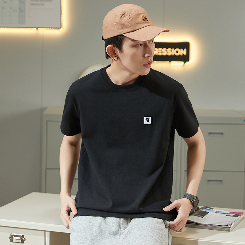 [1.5折价30.3元叠加优惠券]唐狮春夏新款短袖T恤男宽松潮流黑色上衣学生纯色港风上衣高清大图