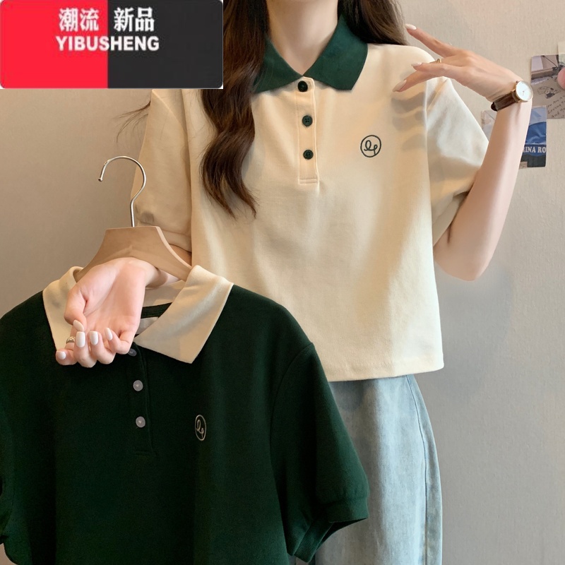 YIBUSHENG大码女装正肩polo衫短袖t恤女季2024新款宽松胖mm显瘦翻领上2高清大图