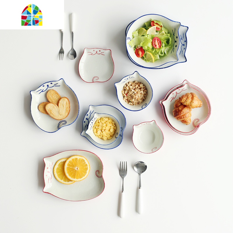 日式猫创意餐具碗可爱少女心米饭碗酱料水果沙拉碗盘子 FENGHOU 6.25寸碗-红色高清大图