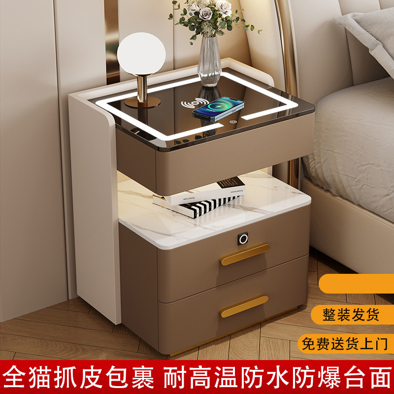 点云星辰智能床头柜轻奢简约现代免安装卧室充电多功能收纳45*40*58cm-浅灰+深灰|三色灯+无线充+USB+蓝牙音响高清大图