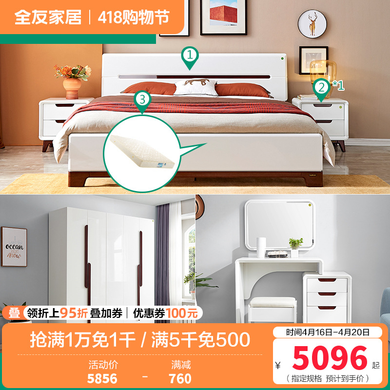 全友家居 现代简约卧室家具套装 双人床衣柜梳妆台凳 1.8米床+床头柜*1+105001床垫+五门衣柜+梳妆台凳