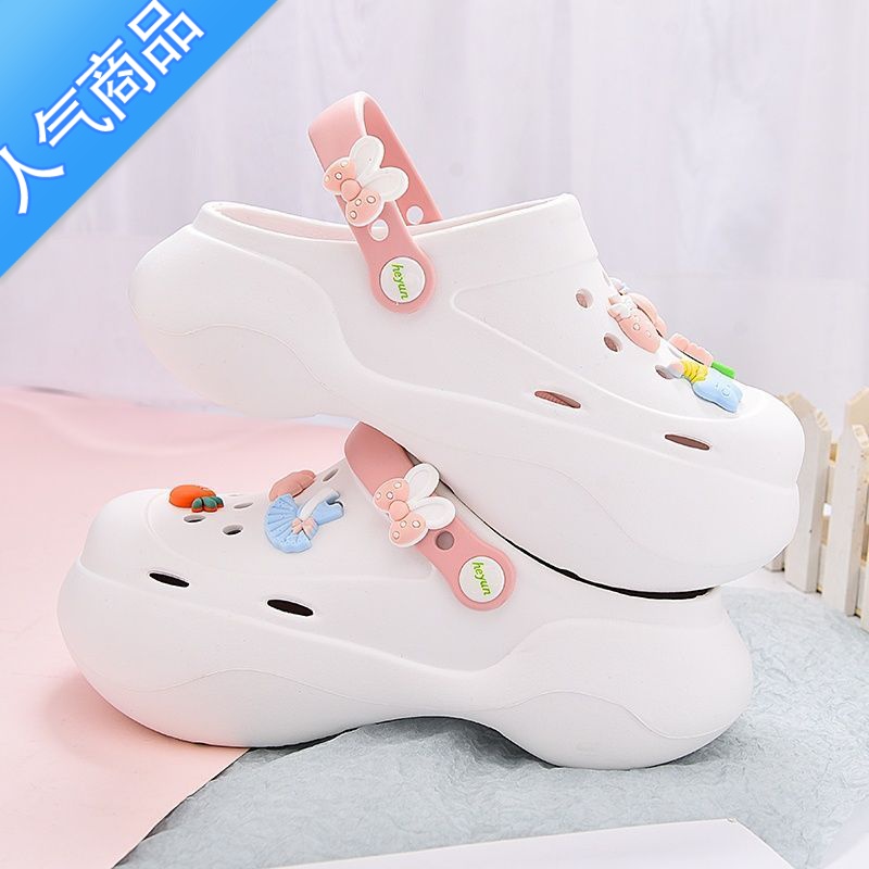 SUNTEK可爱卡通增高厚底洞洞鞋女款外穿透气松糕底包头半两穿网红凉拖鞋高清大图