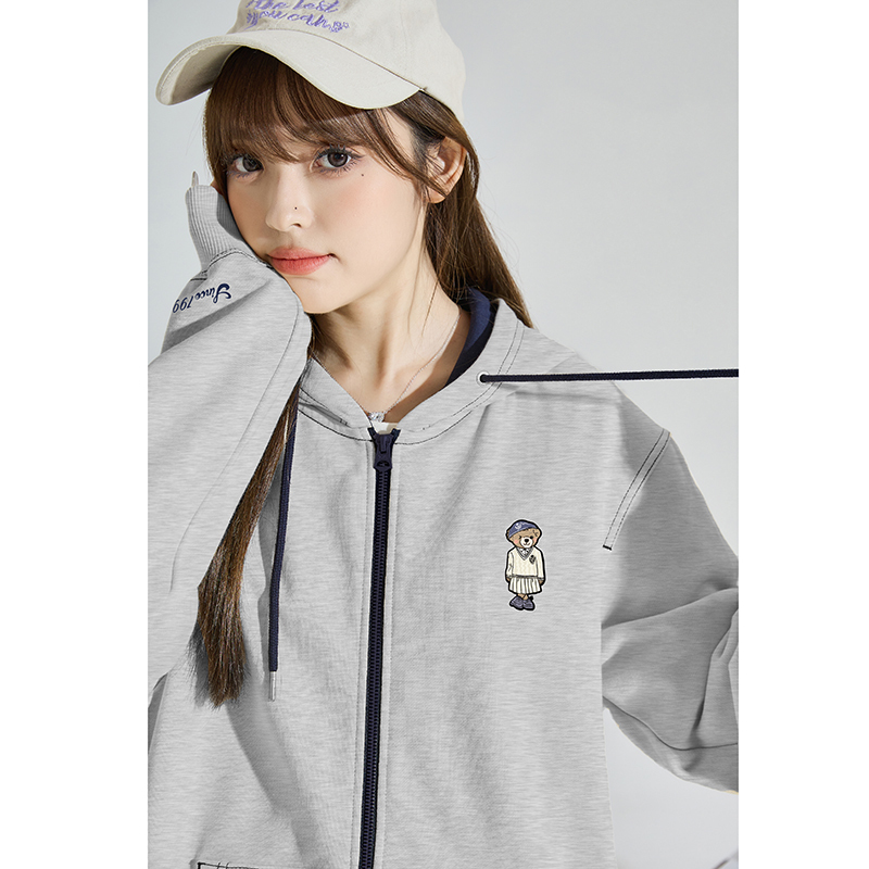 [2.5折价162元]唐狮早春外套女上衣新款连帽卫衣开衫加绒灰色百搭休闲
