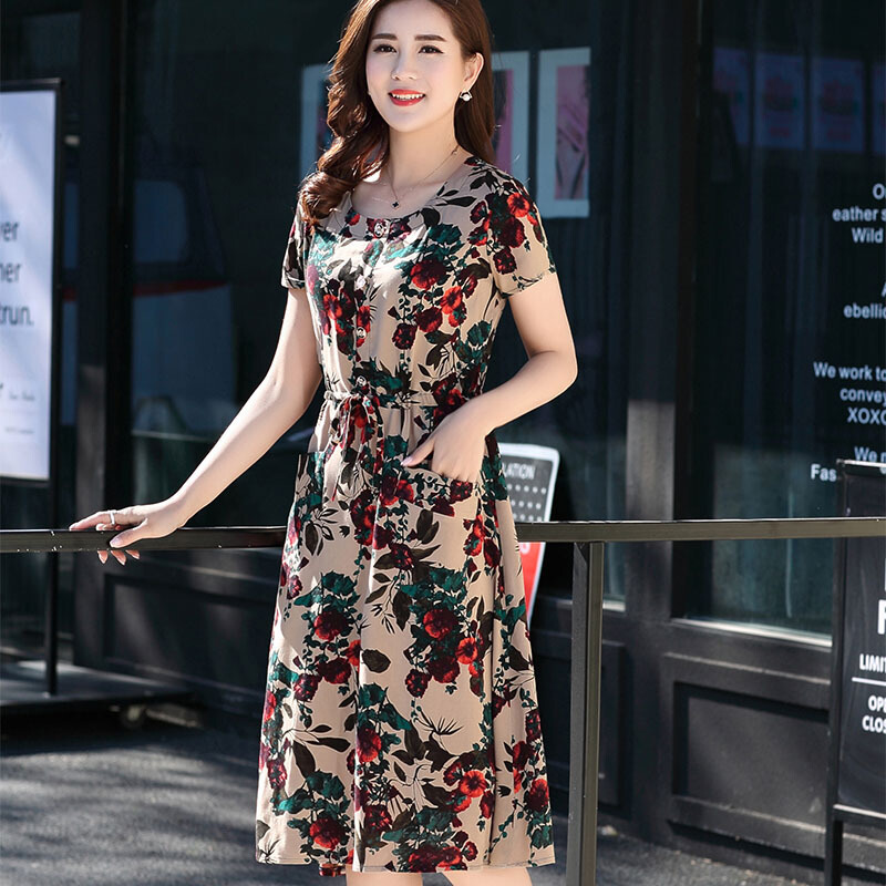 中老年棉绸连衣裙女夏装中长款大码妈妈装40-50岁老年人宽松裙子