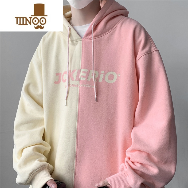 YANXU撞色拼接连帽卫衣男港风宽松慵懒风奶系穿搭潮牌oversize外拼高清大图