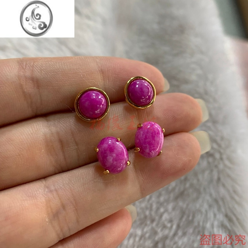 jimi新款舒俱来玉石桃花玉圆珠耳环粉色玉石耳钉玉石耳钉玉耳饰