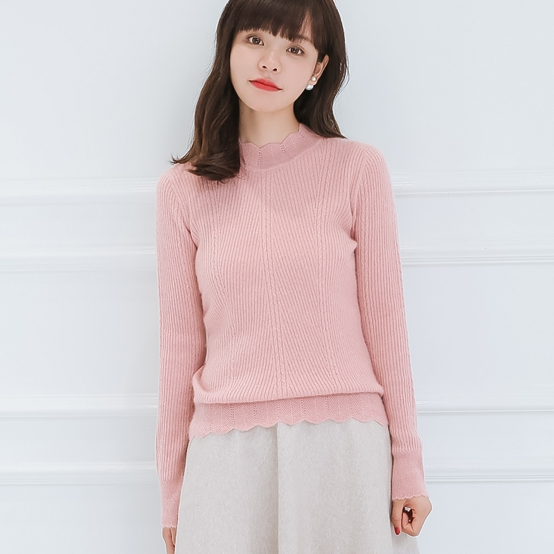 2018款秋冬季新款女士高领羊绒衫修身毛衣衫针织衫花边抽条打底衫