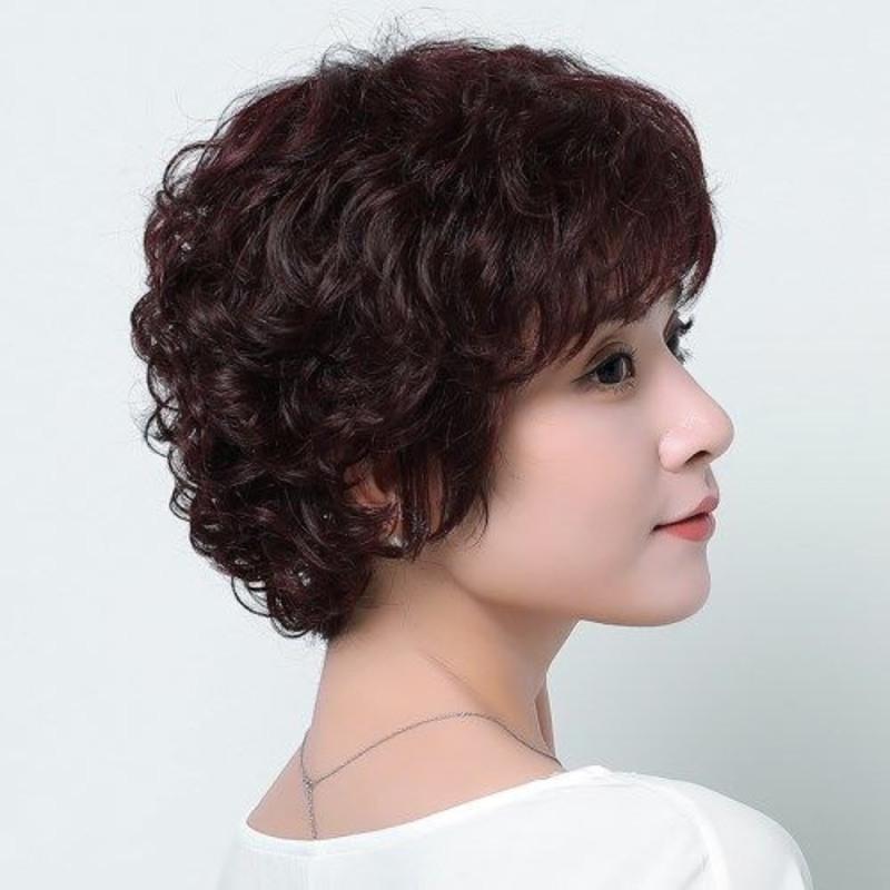 中老年假发女短发送妈妈蓬松短卷发仿真发丝时尚女士短发假发头套黑色