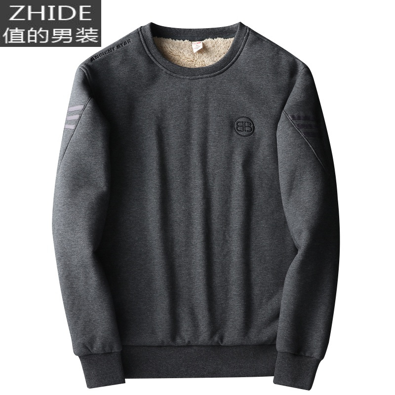 suntek羔绒卫衣男加绒加厚圆领套头无帽宽松秋冬季款爸爸保暖运动上衣