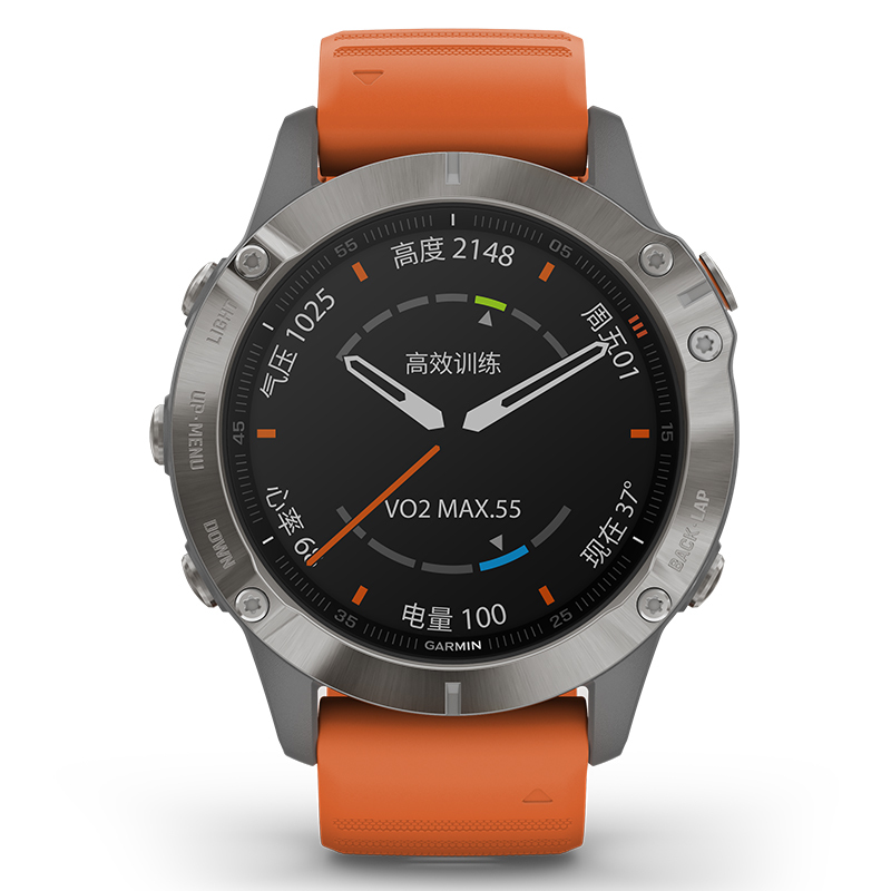 佳明（GARMIN）Fenix 6 Pro 蓝宝石钛合金灰色表圈GPS橙色表带运动户外智能心率多功能跑步手表中文版
