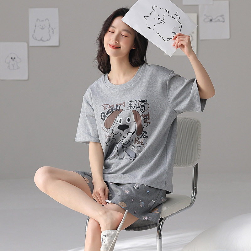 美舒芬带胸垫新款纯棉睡衣女款卡通夏季短袖短裤套装全棉休闲薄款高清大图