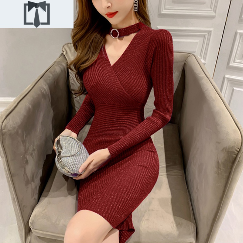 SUNTEK针织衫女秋冬季2020年新款打底毛衣裙修身显瘦紧身百搭内搭连衣裙毛衣