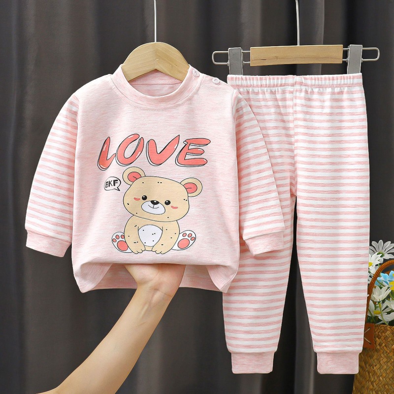 儿童秋衣秋裤彩棉男童女童0-8岁内衣套装睡衣春冬季长袖睡衣 C2.1粉色小熊 100