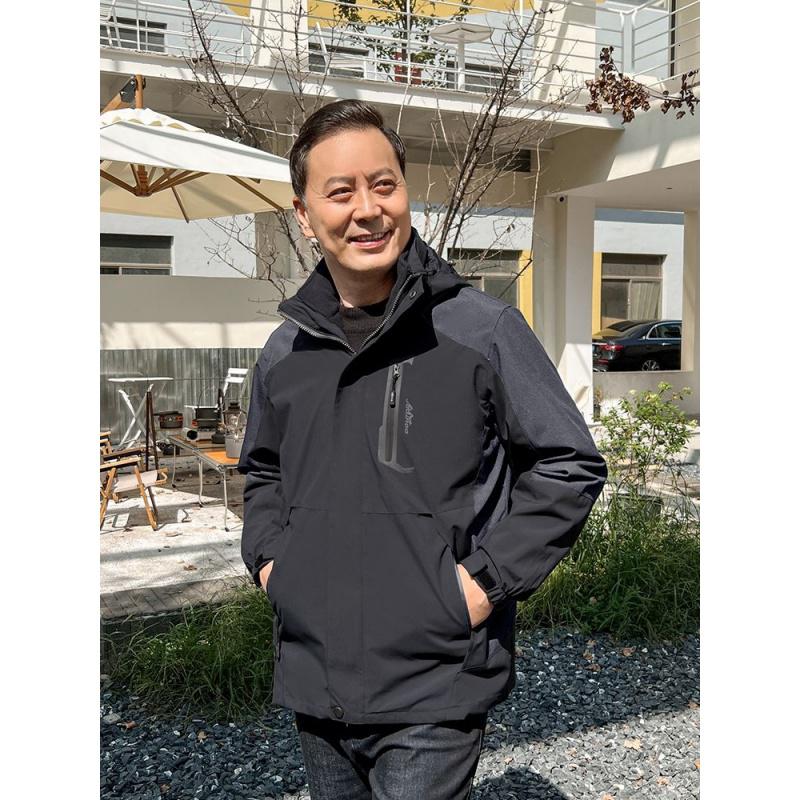 爸爸外套春秋季新款夹克可拆卸中老年人冲锋衣男三合一爷爷上衣服高清大图
