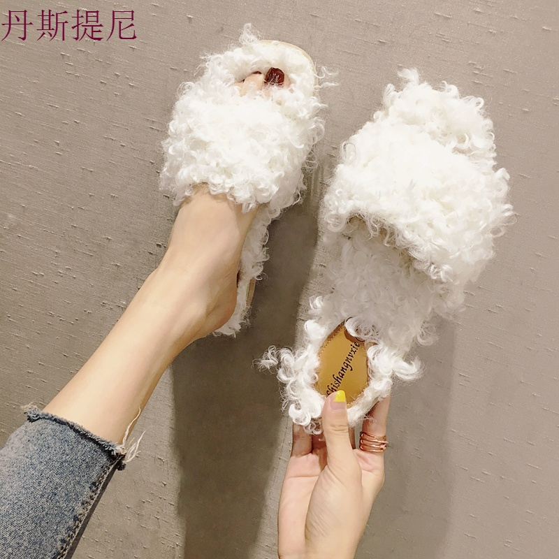 毛毛拖鞋女秋外穿2018新款韩版时尚平底一字拖百搭外出网红凉拖鞋