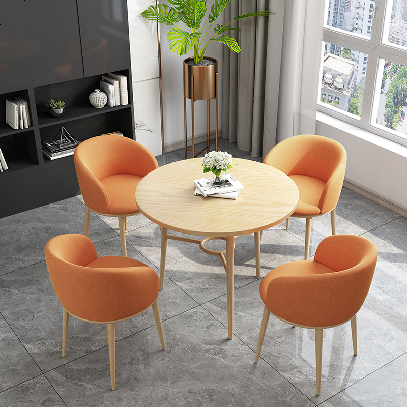 轻奢洽谈桌椅组合简约咖啡奶茶店售楼处接待阳台休闲北欧小圆餐桌_991_813 桔红色一桌四椅80cm桌_布椅