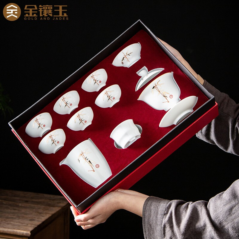 金镶玉 节节盖碗套装 茶具套装 陶瓷功夫茶具茶杯白瓷家用盖碗整套礼盒装高清大图