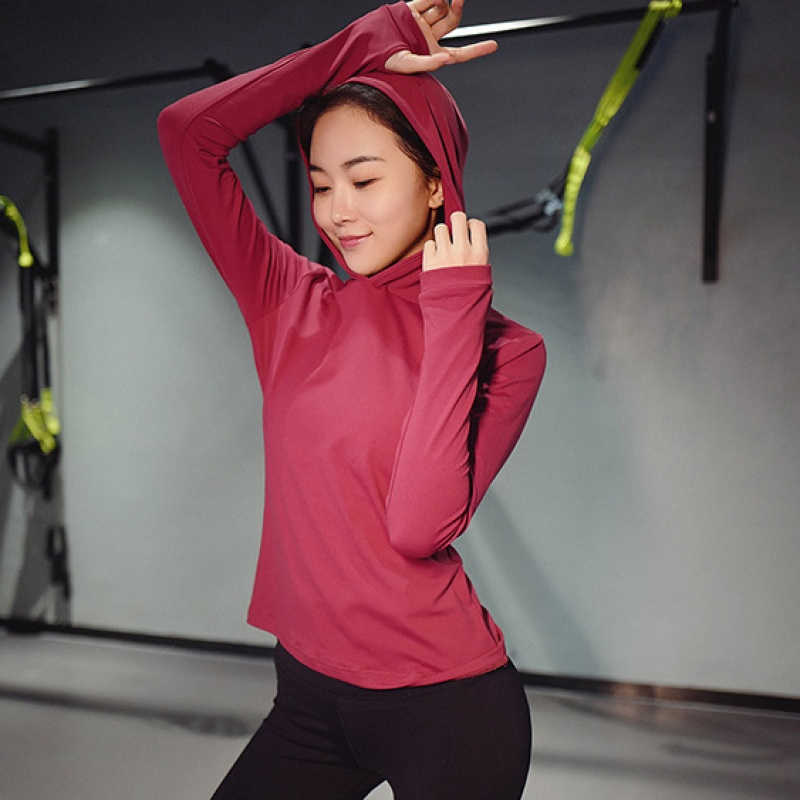 运动上衣健身服女 宽松瑜伽服跑步连帽长袖透气速干运动紧身衣