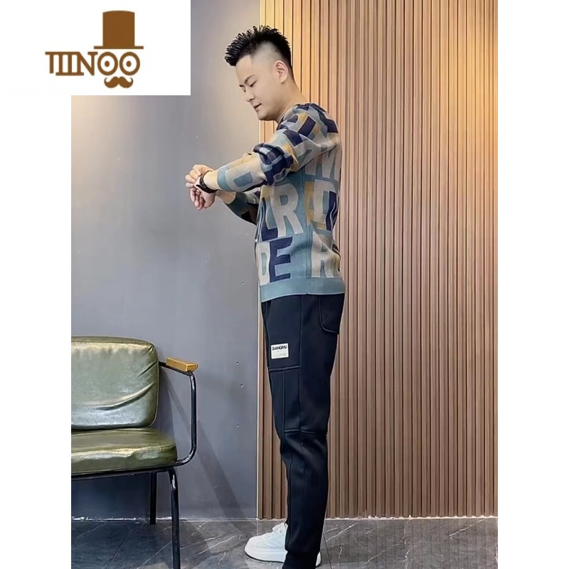 YANXU2023冬季新款时尚线衣高质针织衫欧款男士个性字母印花修身毛衣潮高清大图