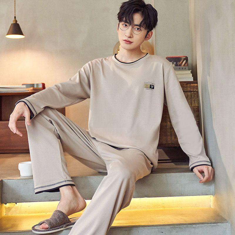 男士睡衣长袖春秋季新款圆领加大码宽松高档家居服套装男高清大图