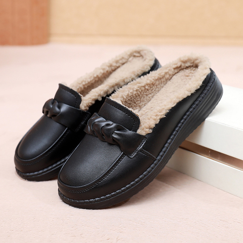 加绒真皮女拖鞋轻便软底软面女鞋平跟加绒保暖真皮妈妈鞋