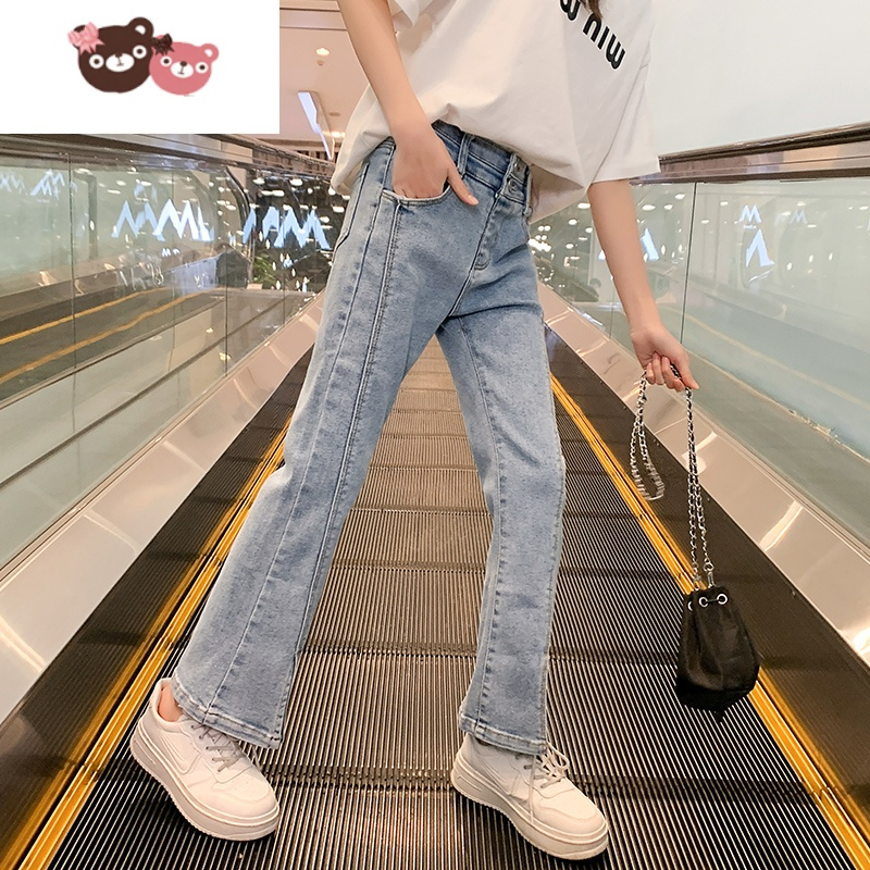 绿彩虹光女童裤子薄款夏2022年洋气儿童休闲裤潮春秋时髦喇叭裤童装牛仔裤