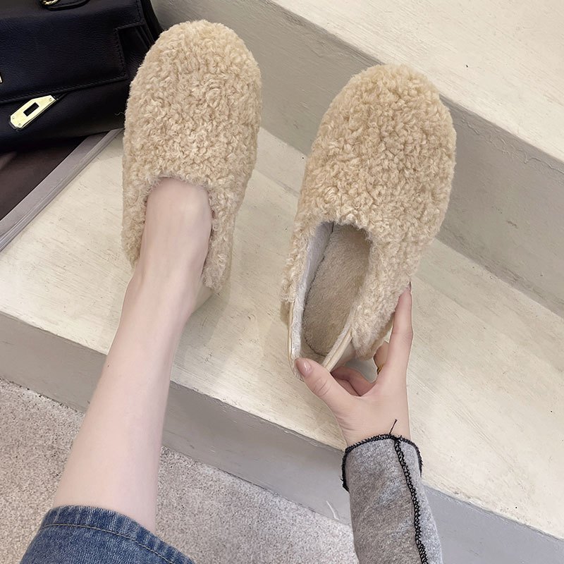 施洛安网红毛毛鞋加绒豆豆鞋女秋冬2021新款平底外穿一脚蹬瓢鞋潮