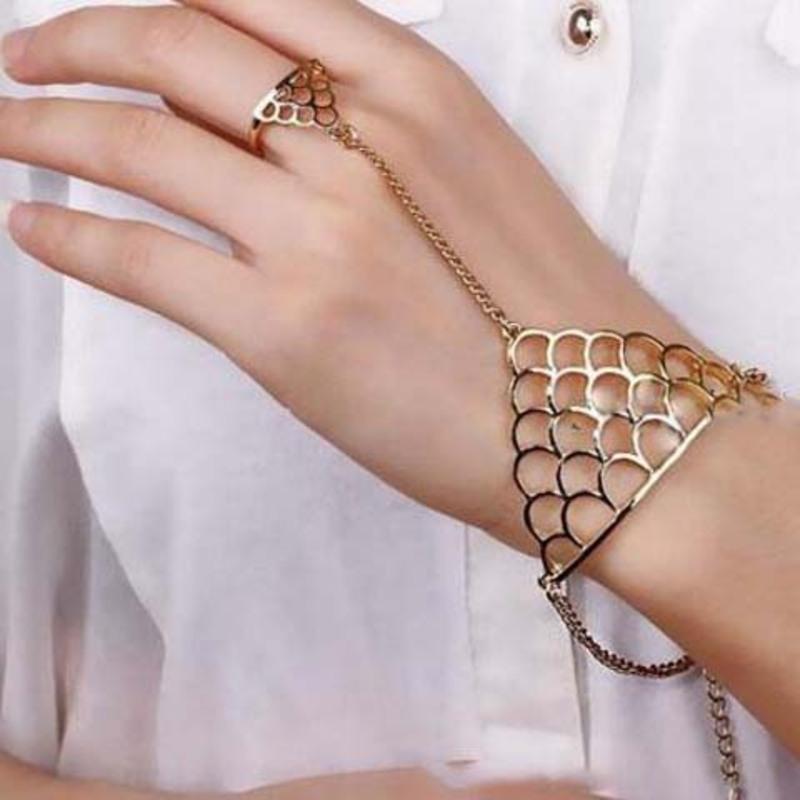 链镂空手镯古装青丘狐同款戒指手链s12青丘狐同款手镯戒指一体链金色