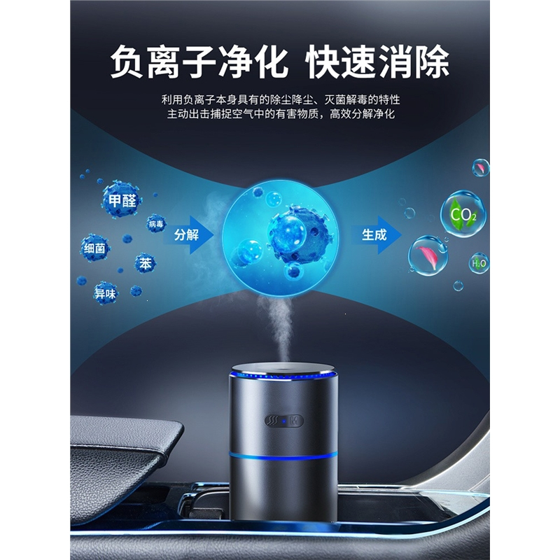 车载加湿器喷雾香薰空气净化器古达车用车内氛围灯迷你小型汽车雾化智能香薰机_黑色插电款负离子净化◆空气加湿◆无水断电送香薰