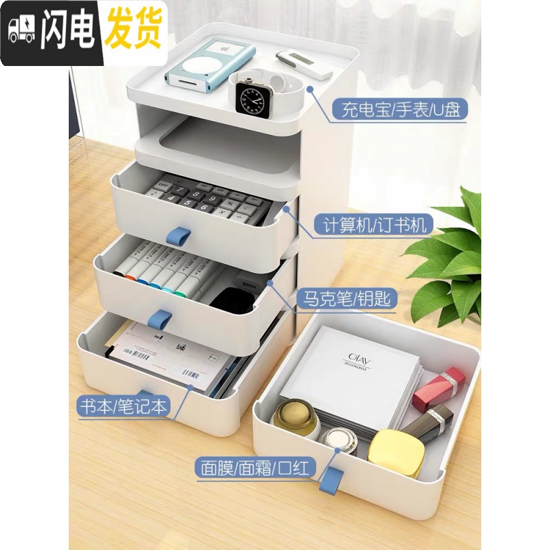 三维工匠桌面收纳盒化妆品抽屉式多层办公桌上文具塑料梳妆盒子整理置物架高清大图