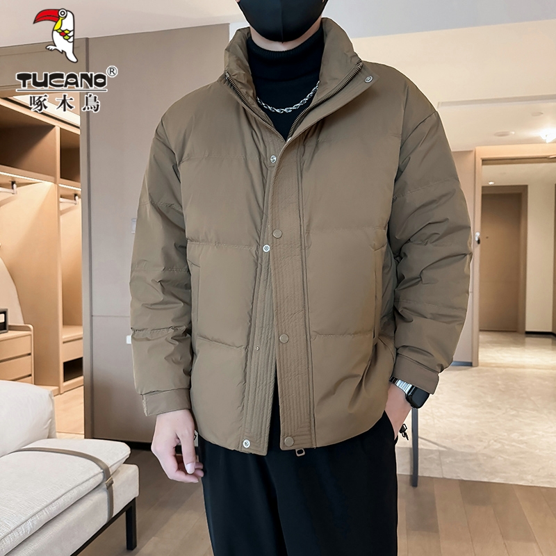 啄木鸟羽绒服男士冬季潮流纯色立领休闲百搭轻薄保暖白鸭绒外套男高清大图