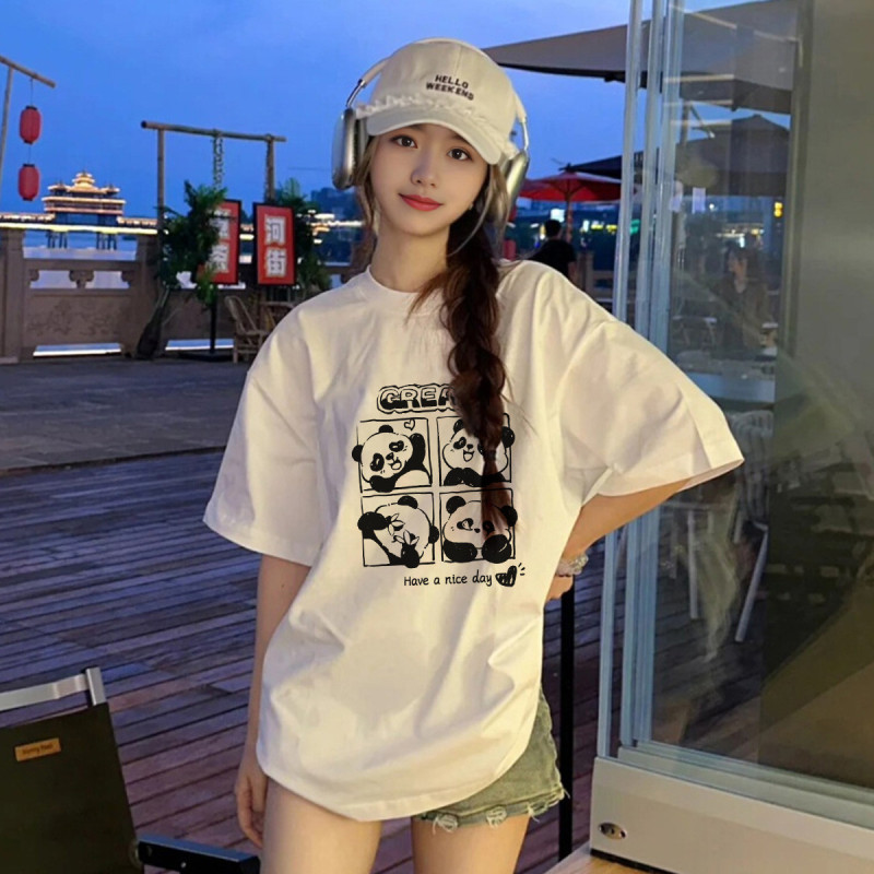 【1折价26元】唐狮夏季女四宫格创意熊猫图案圆领短袖T恤可爱百搭休闲减龄 统一颜色 M
